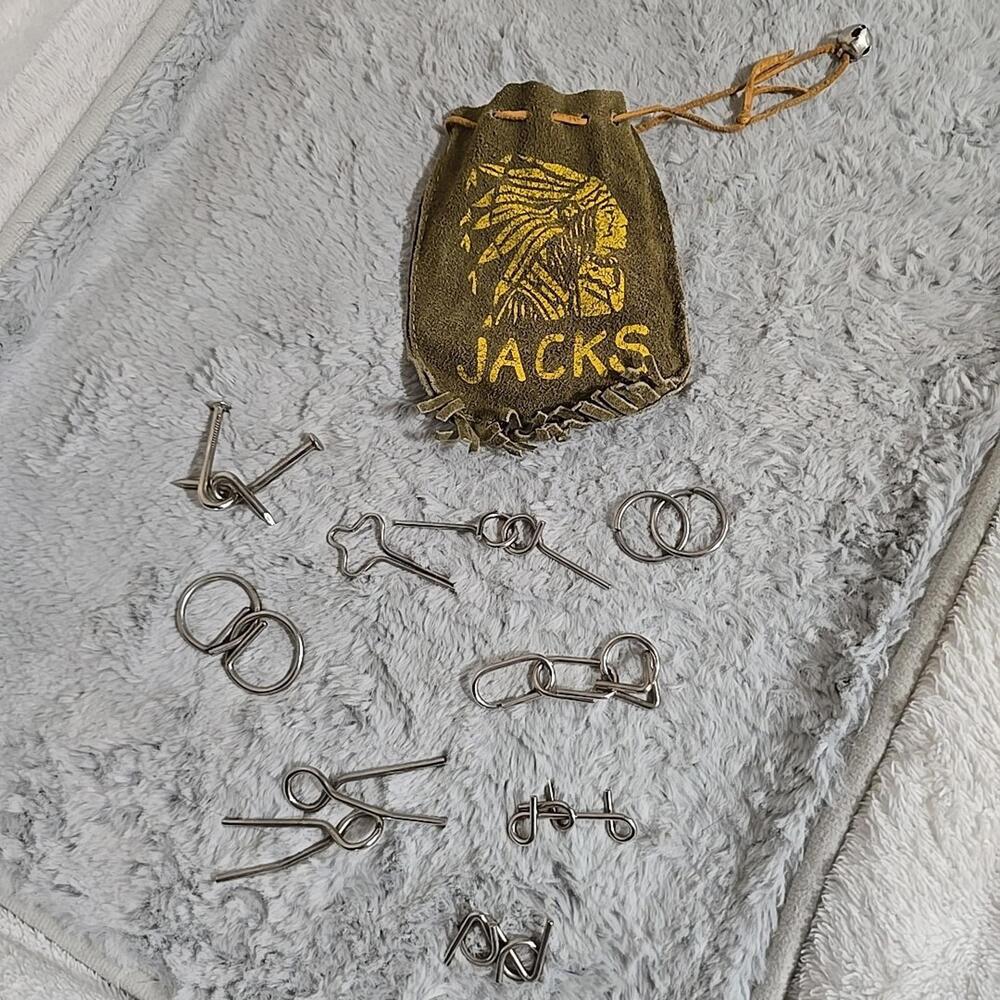 VtgJacks Leather Suede Jacks Game Bag Indian Chief+Metal Magic Tricks Or Puzzle